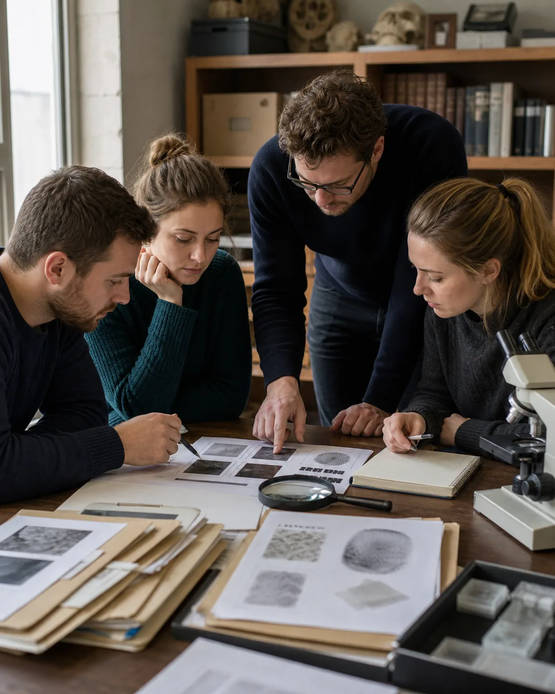 Forensic science students examining documents and evidence together in an academic laboratory